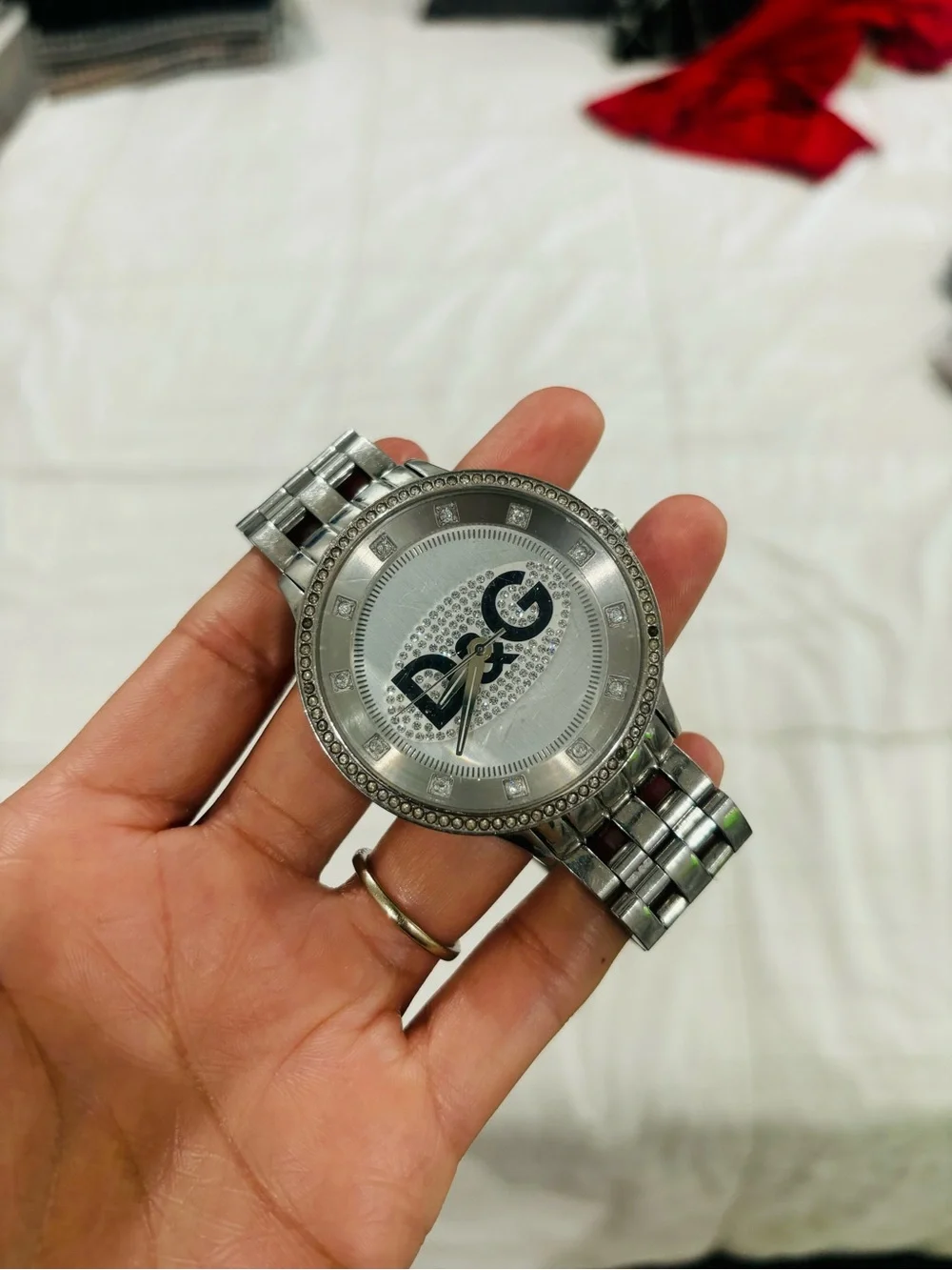 D&G Silver Tone Crystal Logo Bracelet Watch